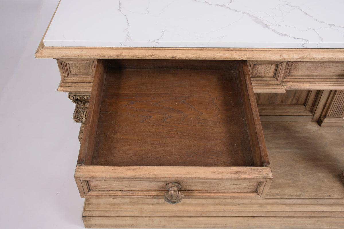 1880s Antique Baroque Carved Walnut Console with White Marble Top