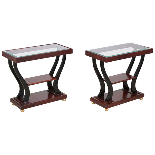 1950s Art Deco Walnut Side Tables with Ebonized Accents and Glass Tops