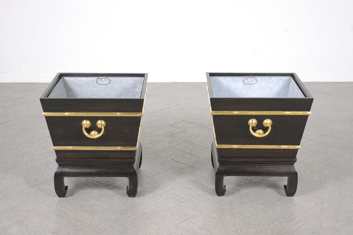 Restored Early 1900s Chinese Wood and Brass Garden Planters