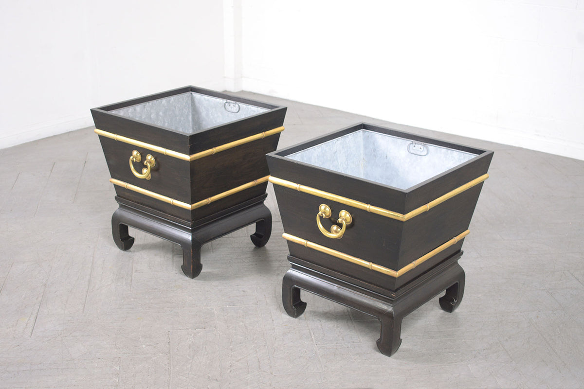Restored Early 1900s Chinese Wood and Brass Garden Planters