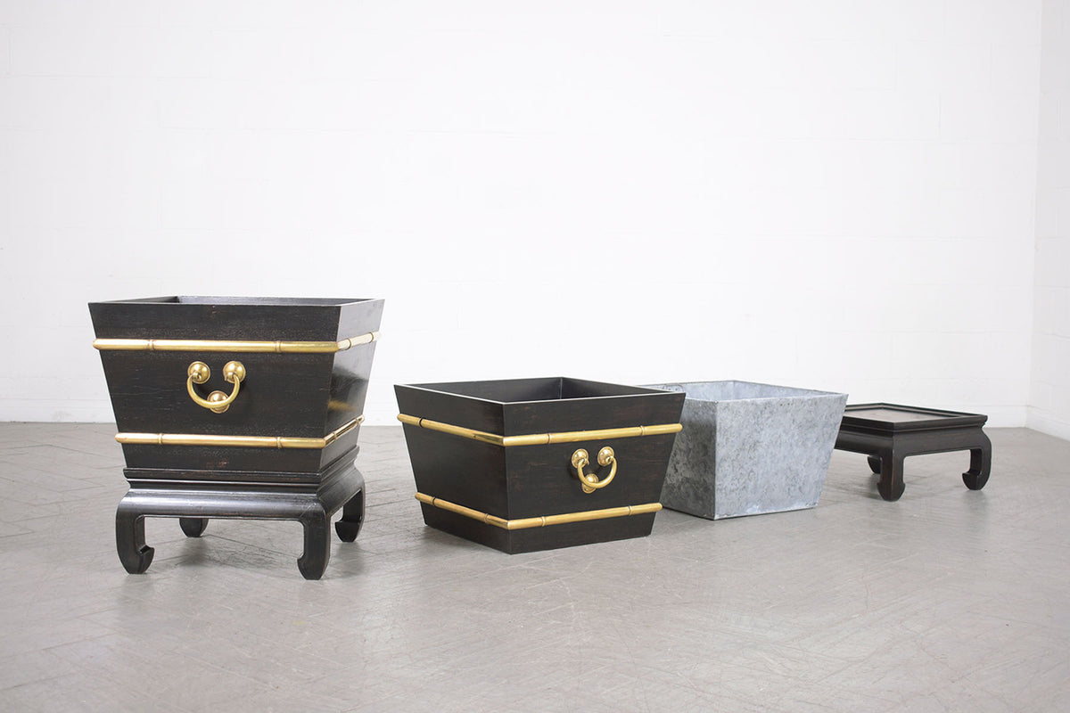 Restored Early 1900s Chinese Wood and Brass Garden Planters